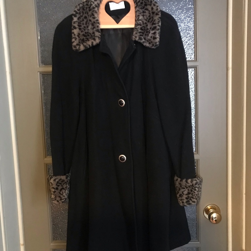 Black Trench Coat with Leopard Print Accents